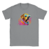 Gray men's graphic tee featuring a neon dog wearing sunglasses and a colorful scarf.
