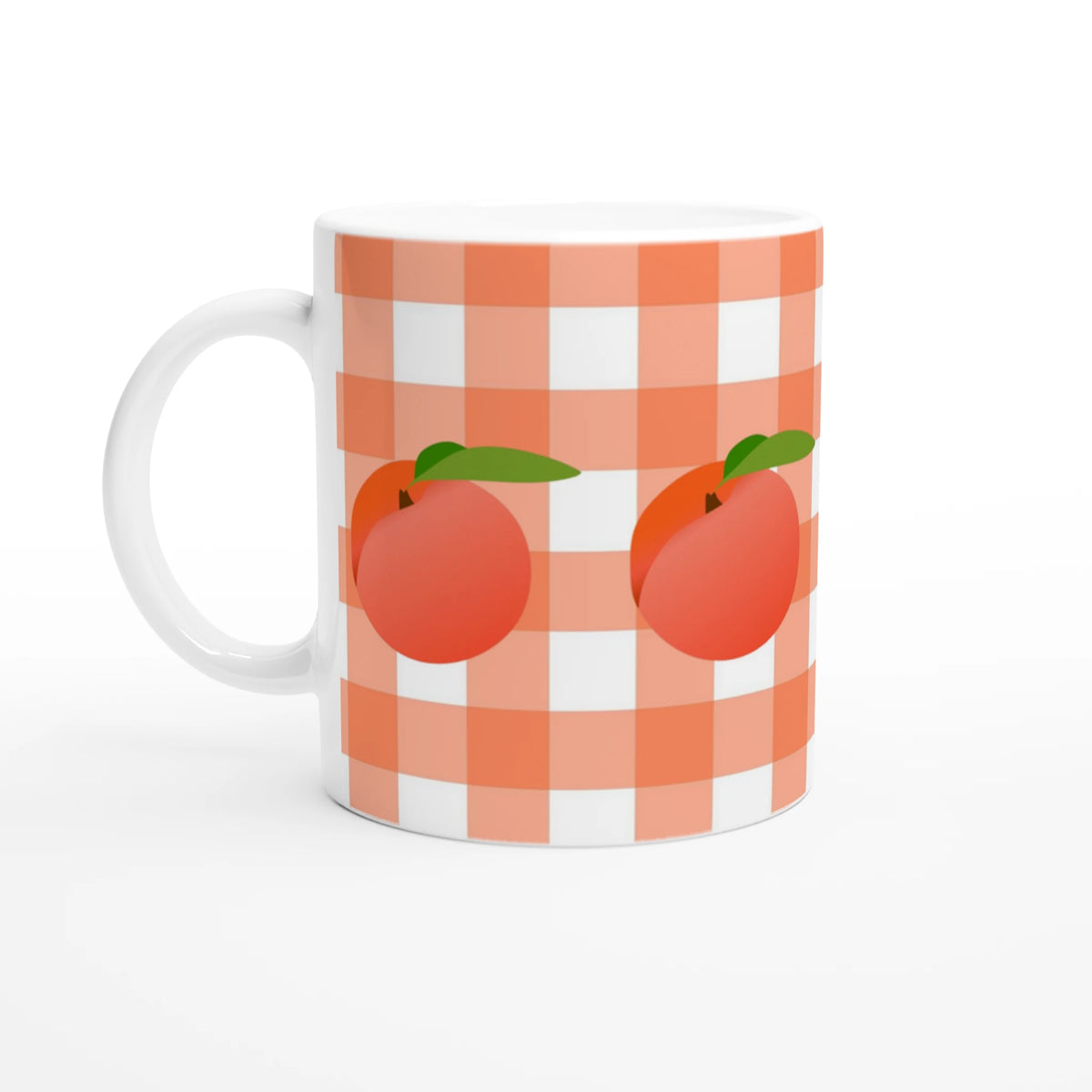 Cute peach gingham mug with peach illustrations, cottagecore ceramic coffee cup.