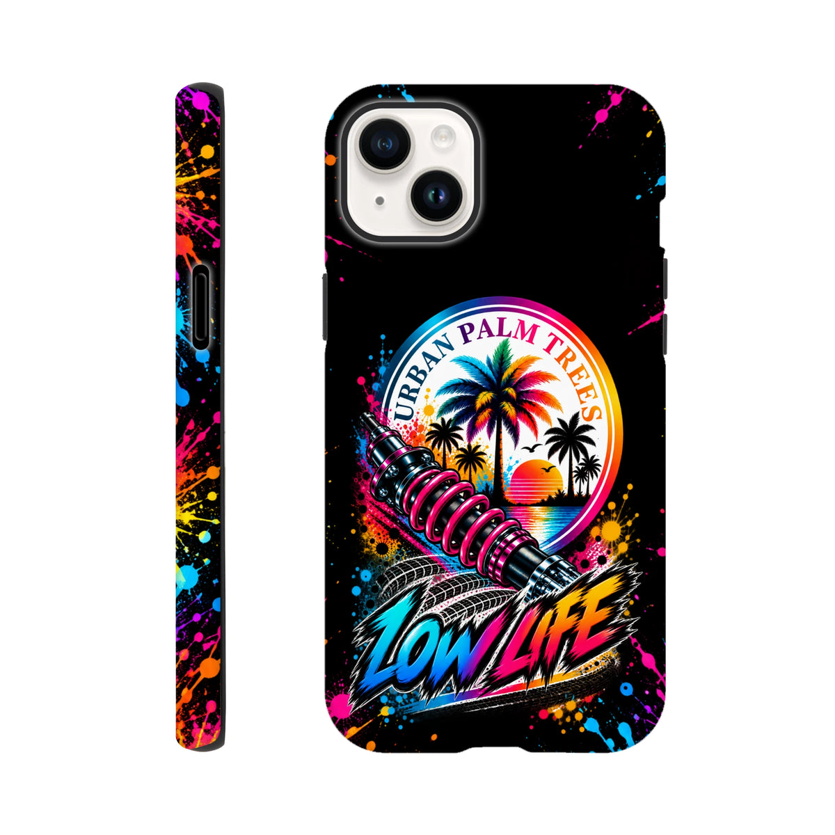 Low Life Petrolhead iPhone case with shock absorber, palm trees, and colorful paint splatter wraparound design.