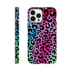 Vibrant rainbow leopard print iPhone case with bold pink, blue, and green animal print pattern offering tough drop protection and full wireless charging access.
