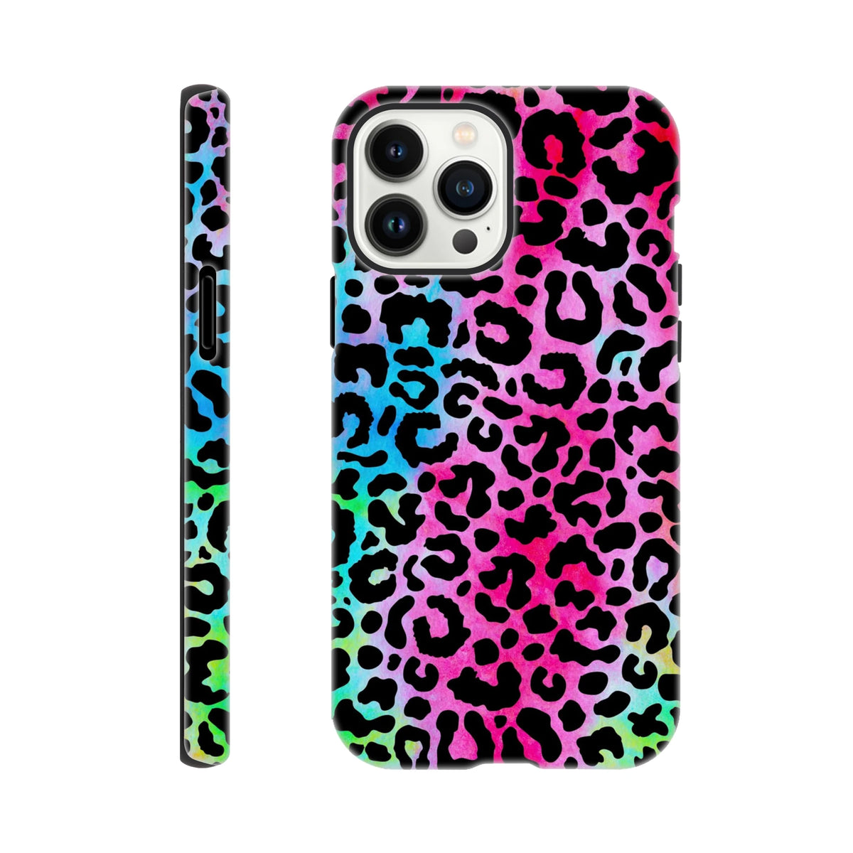 Vibrant rainbow leopard print iPhone case with bold pink, blue, and green animal print pattern offering tough drop protection and full wireless charging access.