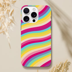 Retro rainbow wave iPhone case with colorful wavy stripes and tough TPU shock absorption protection.