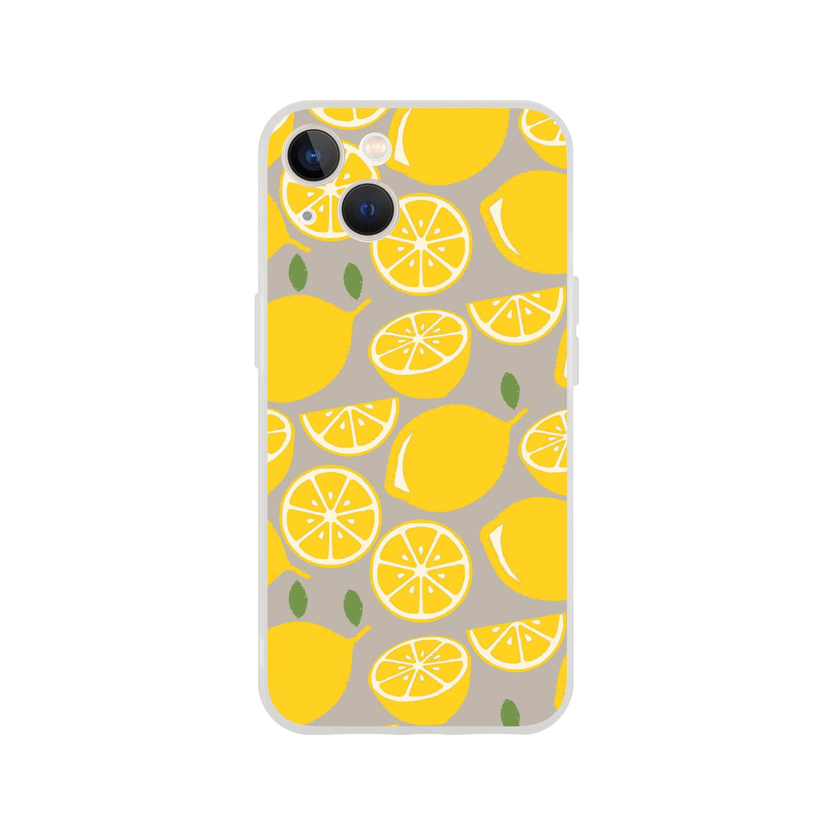 Cute lemon fruit iPhone case for 13-16 with bright yellow citrus slices on a gray background with a matte finish
