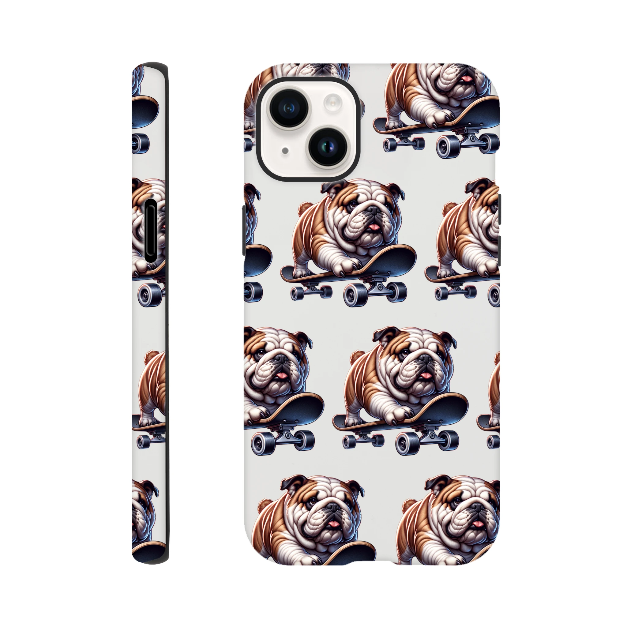 British Bulldog skateboard wraparound case for iPhone 16/15/14/13; dual-layer protection, glossy finish.