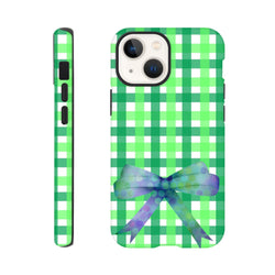 Green gingham iPhone case with a blue polka dot coquette bow. Tough wraparound cover for iPhone 13-16.