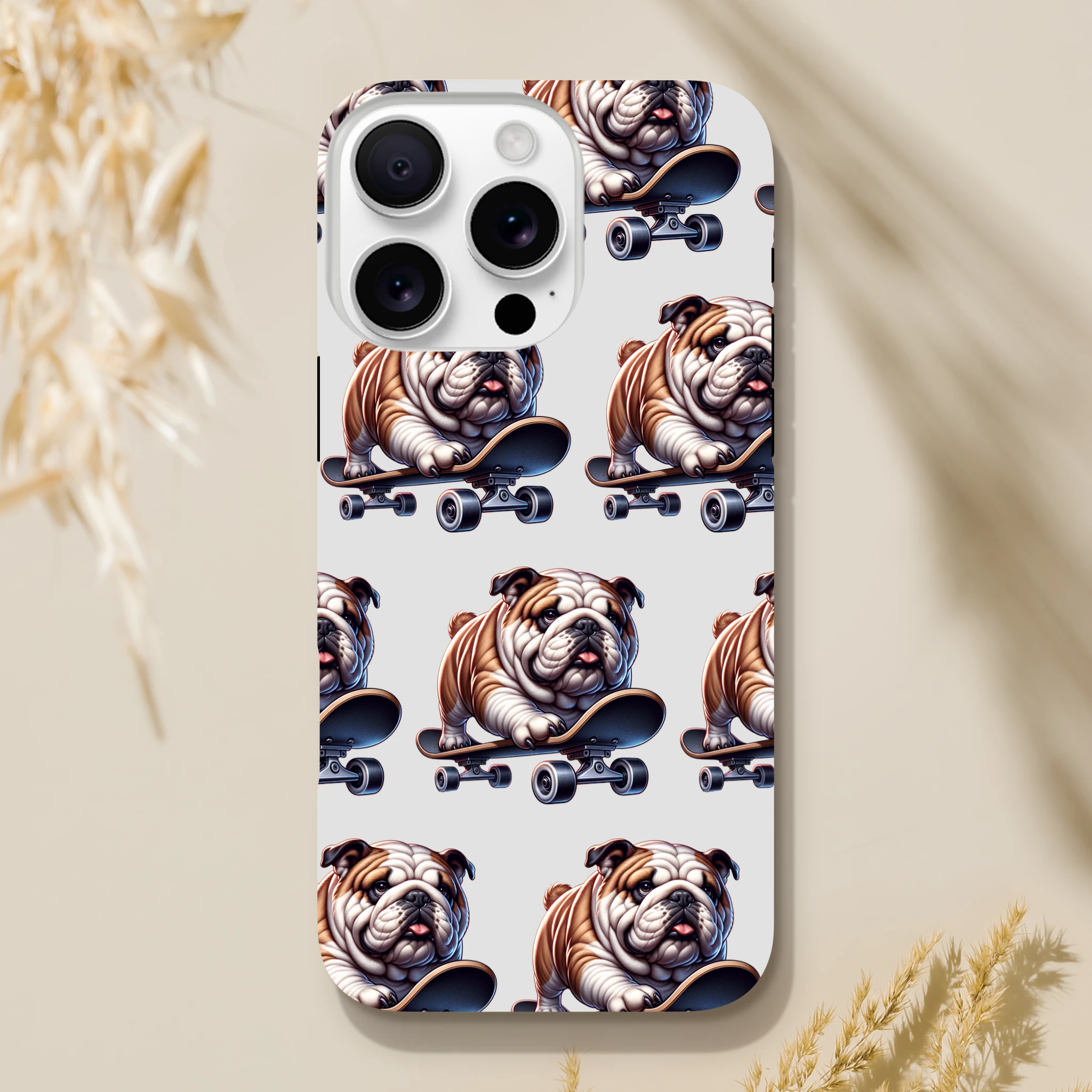 Skateboard-pattern bulldog phone case with dual-layer wraparound print and glossy finish for iPhone 16–13