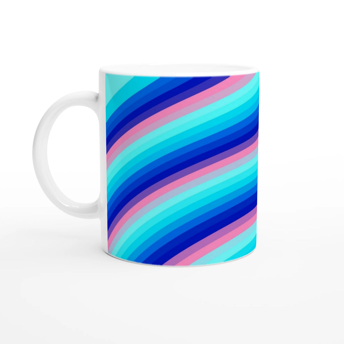 Blue and pink retro wave mug with groovy Y2K swirl ceramic coffee cup.