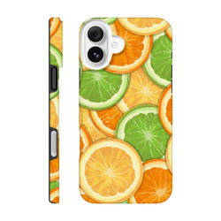 Vibrant orange and lime slice pattern tough iPhone case with shock-absorbing TPU protection for models 13 through 16.