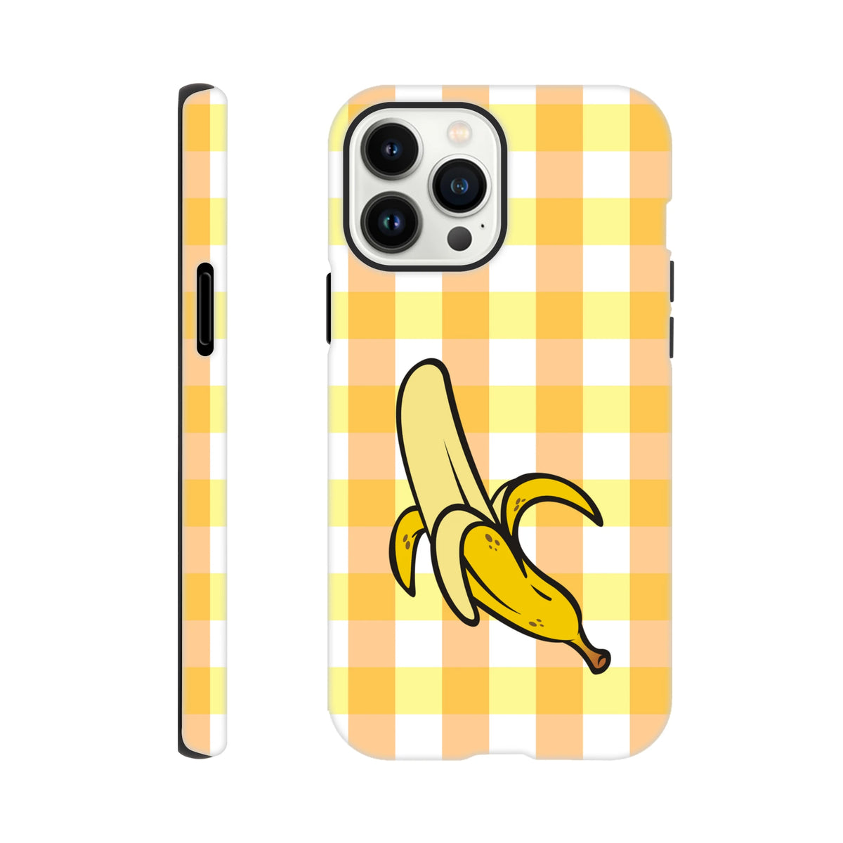 Yellow gingham iPhone case featuring a peeled banana graphic. Cute checkered tough protective cover for iPhone 13-16.