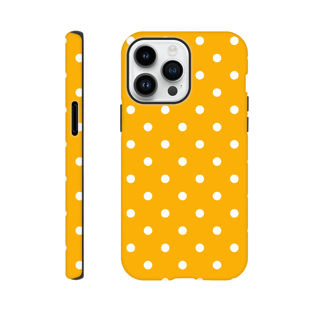 Orange and white polka dot tough iPhone case with shock-absorbing dual-layer TPU shell for iPhone 13-16 models