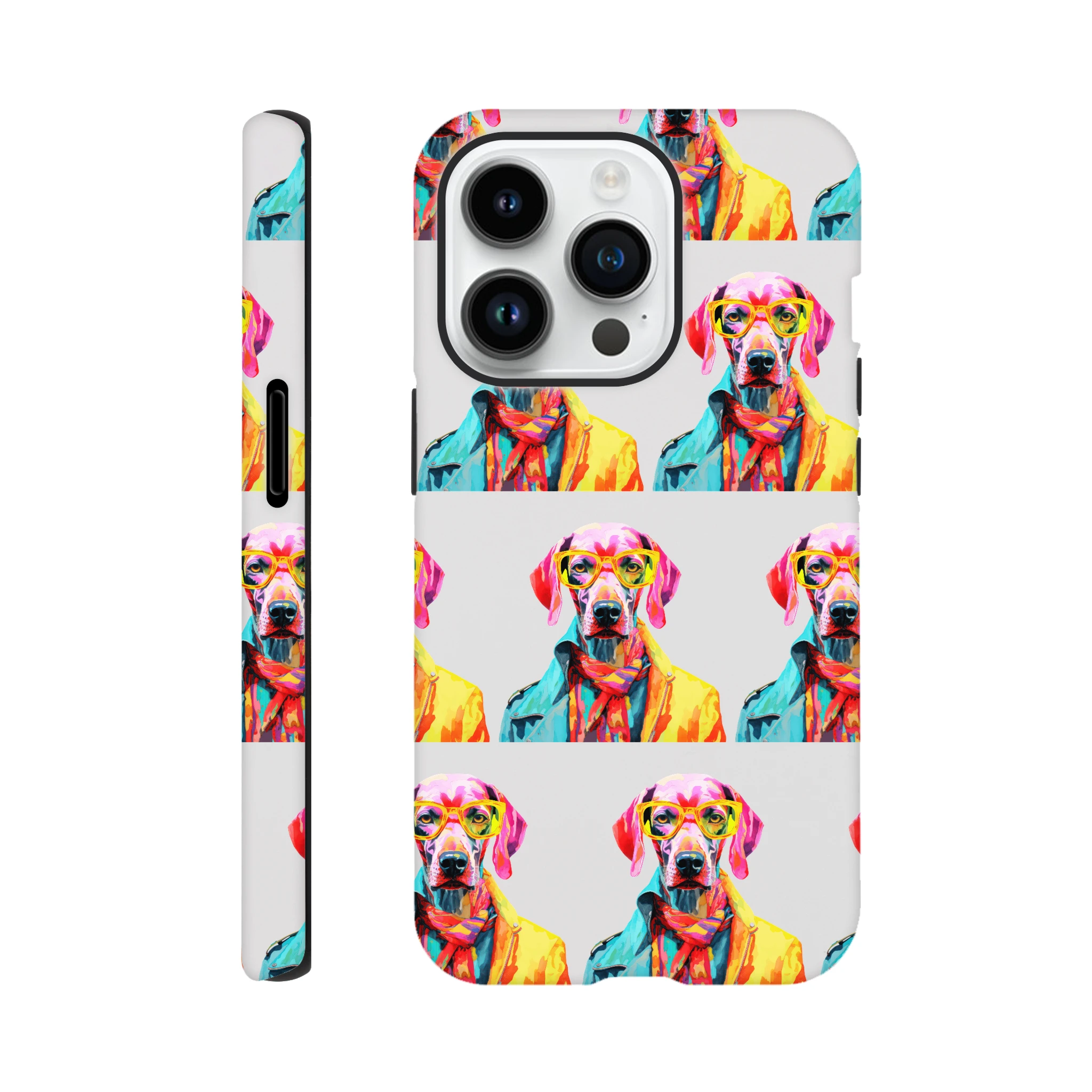 Gent Dog Tough Protective Phone Case for iPhone 16/15/14/13 featuring a colorful wraparound dog print.