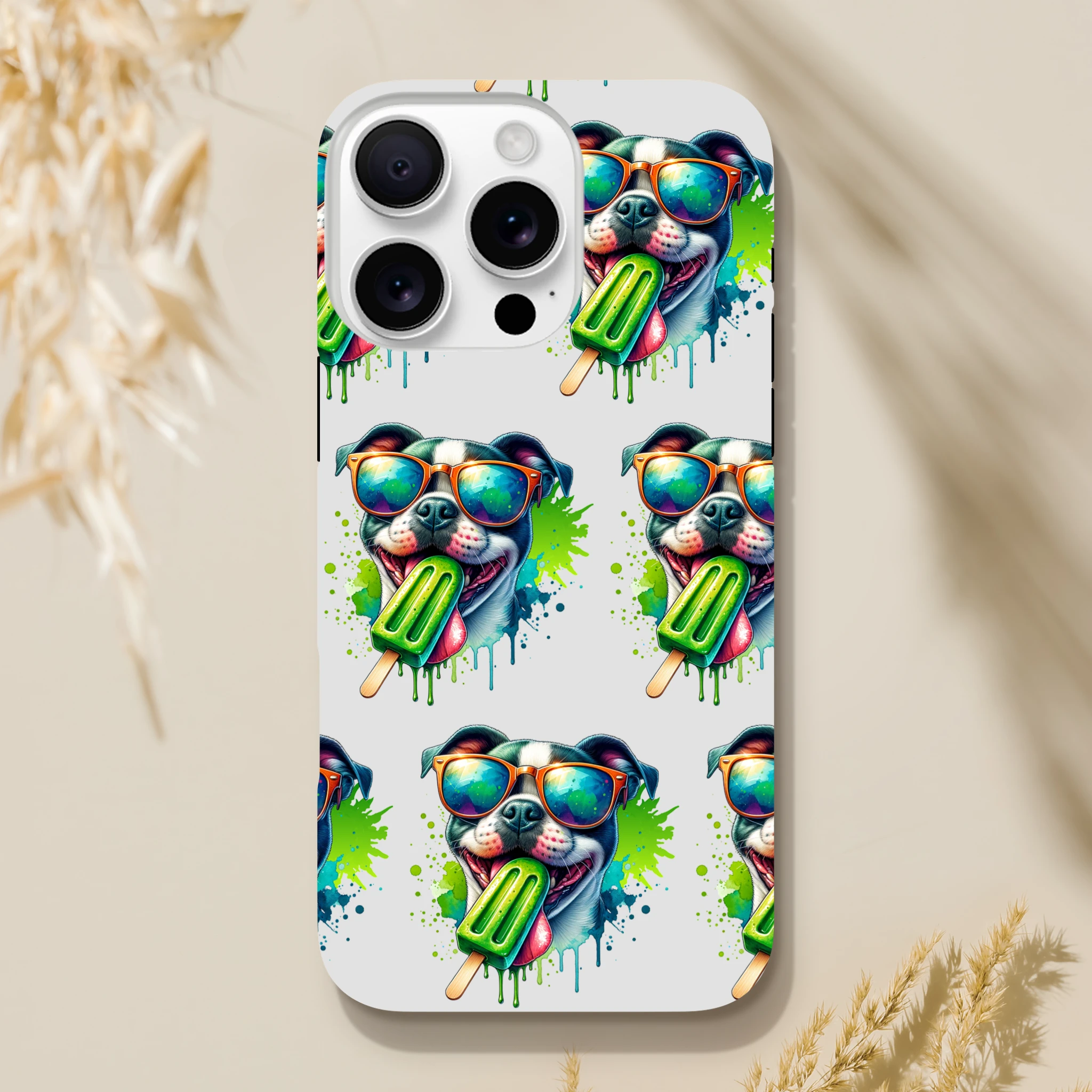 Chill Dog tough iPhone case with glossy dual-layer wraparound print featuring sunglasses-wearing dog and green popsicle