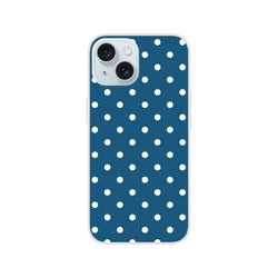 Retro navy blue iPhone case with white polka dots. Lightweight TPU phone cover offering shock-absorbing protection and a smooth matte finish.