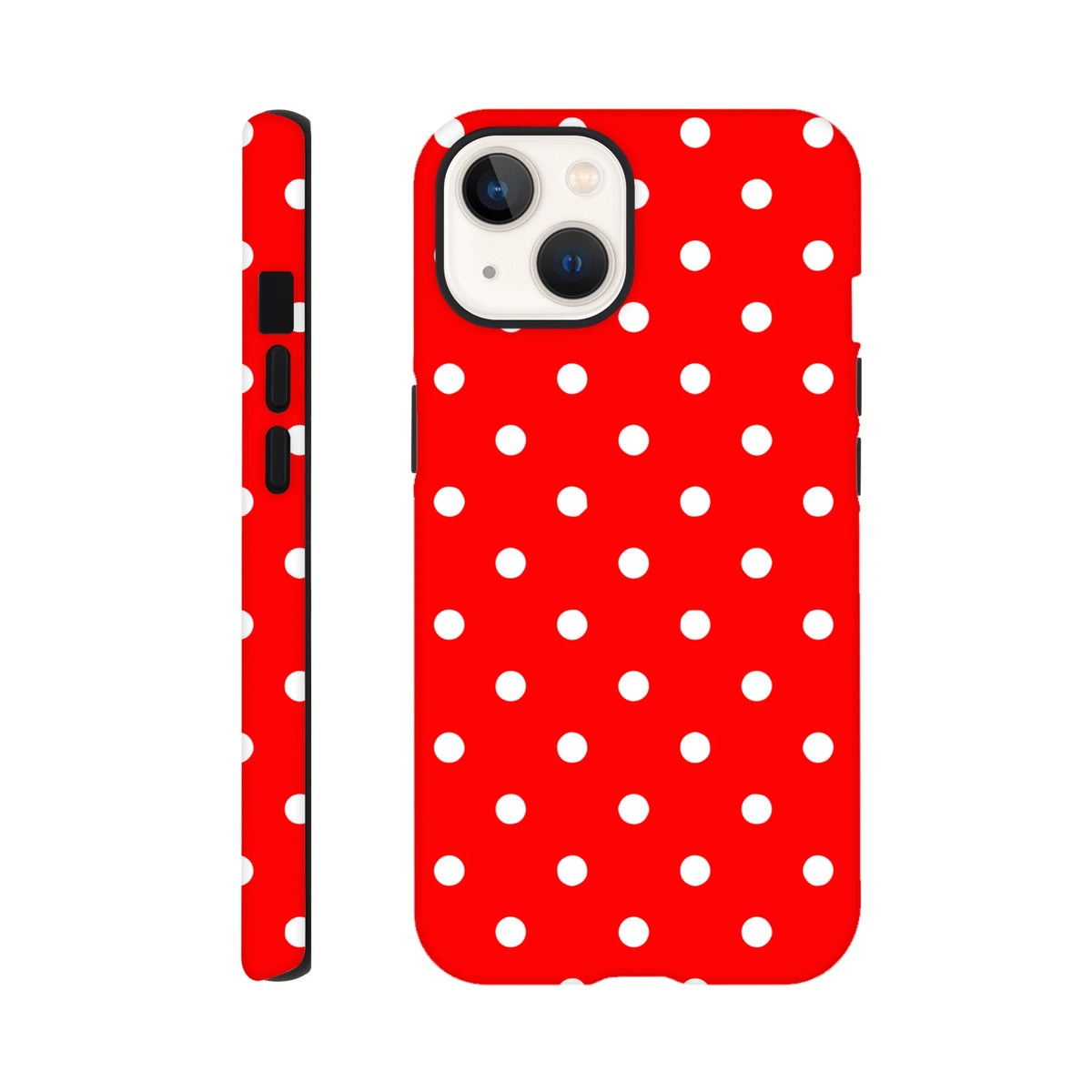 Red and white polka dot tough iPhone case with glossy wraparound print for protective daily use on models 13 through 16.