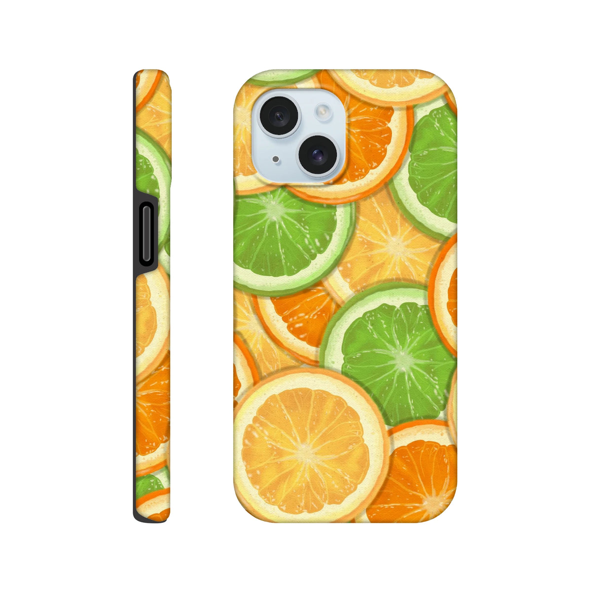 Vibrant orange and lime slice pattern phone case with durable TPU protection for iPhone 13-16 models.