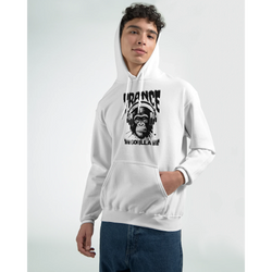White Trance Gorilla men's graphic hoodie with a black gorilla wearing headphones, soft cotton blend, sizes S-XL.