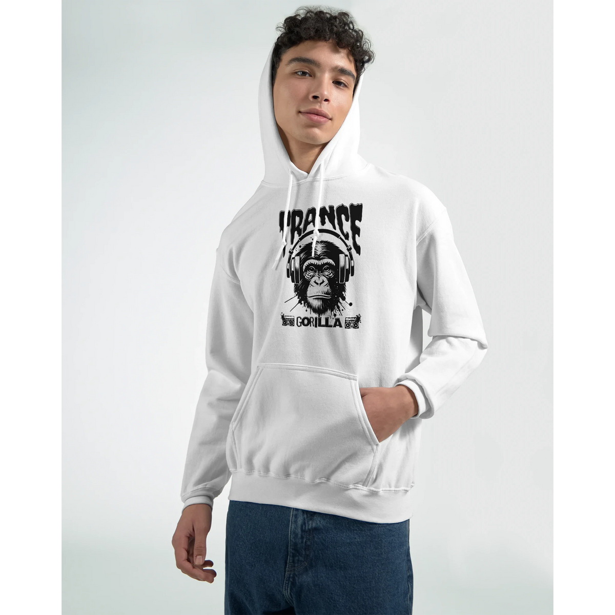 White Trance Gorilla men's graphic hoodie with a black gorilla wearing headphones, soft cotton blend, sizes S-XL.