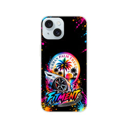 Colorful iPhone case featuring a lowered car, palm trees, and "FITMENT" text against a splatter art background. Car culture gift.