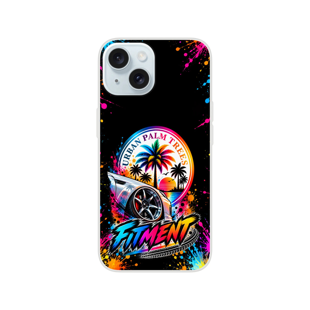 Colorful iPhone case featuring a lowered car, palm trees, and "FITMENT" text against a splatter art background. Car culture gift.