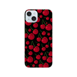 Black iPhone case featuring a retro red cherry pattern with green stems. Slim matte phone cover with shock-absorbing TPU protection for urban style.