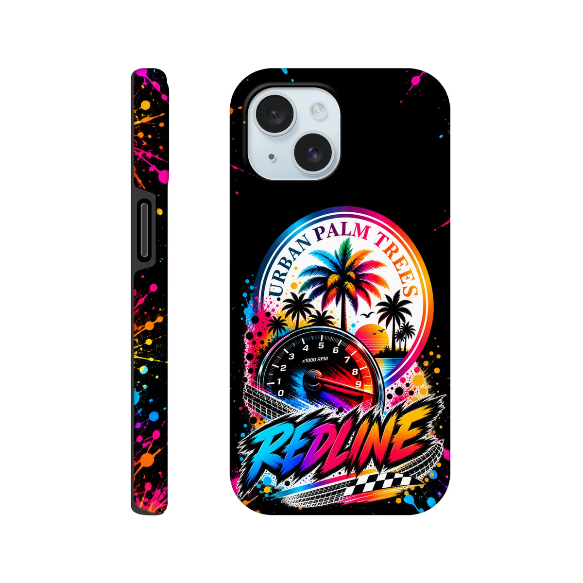 Redline Petrolhead iPhone case featuring urban palm trees, tachometer graphic, and colorful paint splatter wraparound design for modified car culture.