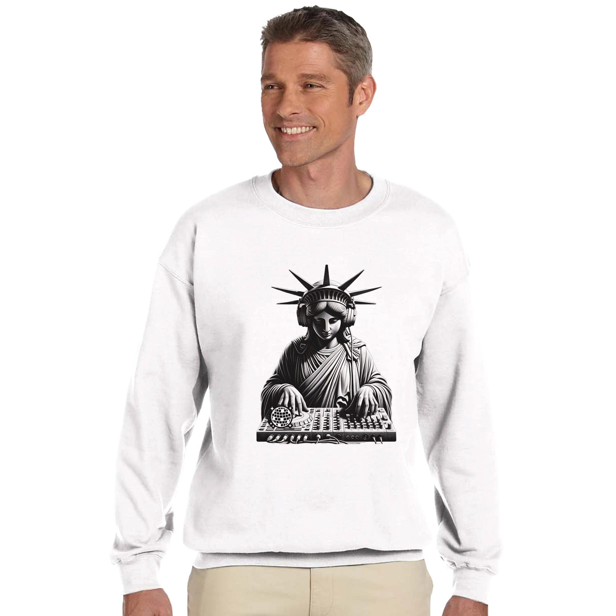 White 50/50 cotton-polyester DJ Club men's graphic sweatshirt with Statue of Liberty DJ at a mixer, sizes S-XL.