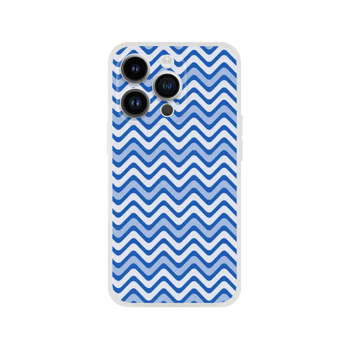Blue wavy stripe iPhone case with retro geometric pattern and frosty transparent finish for drop protection.