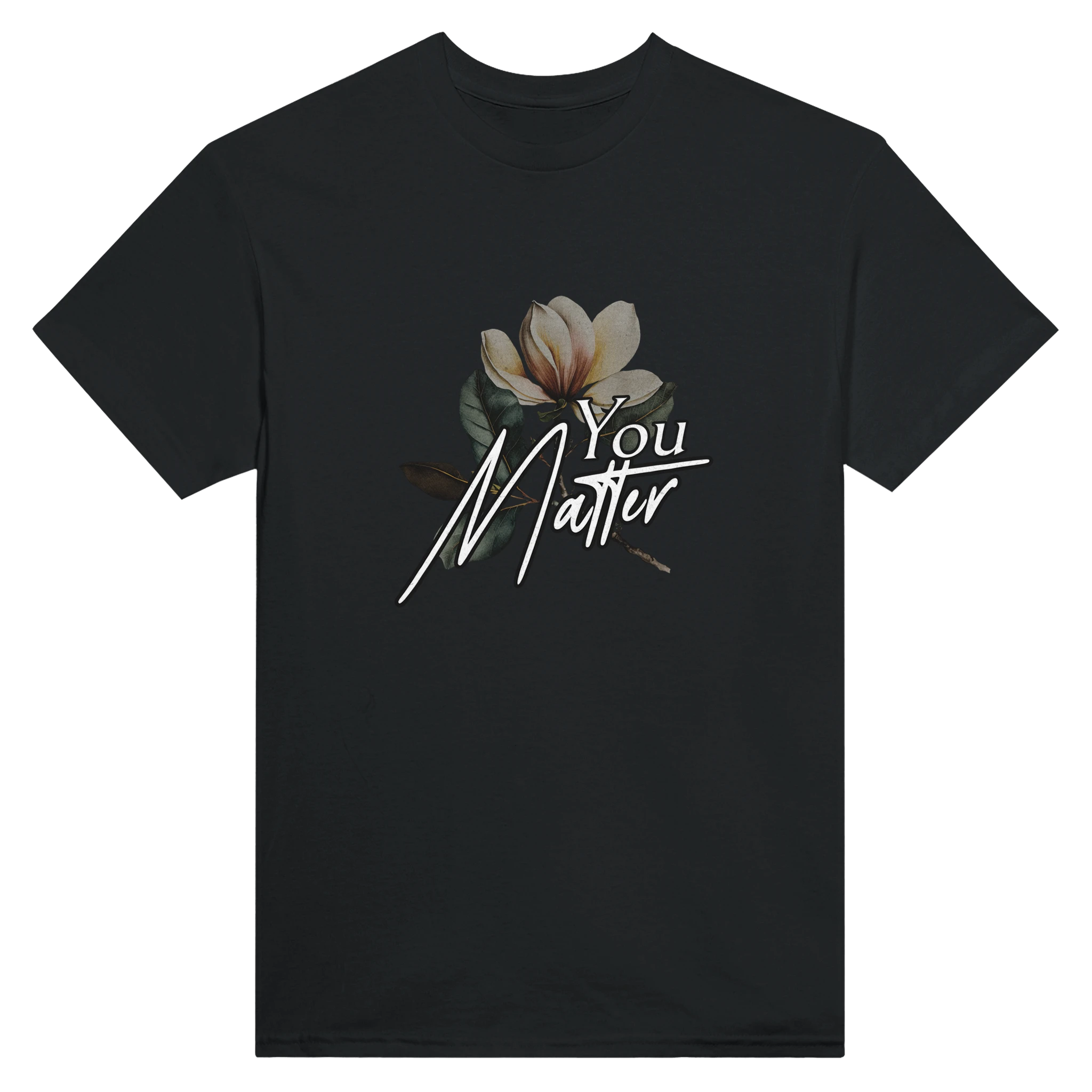 Men's graphic tee featuring You Matter slogan with floral design on black soft cotton blend fabric.