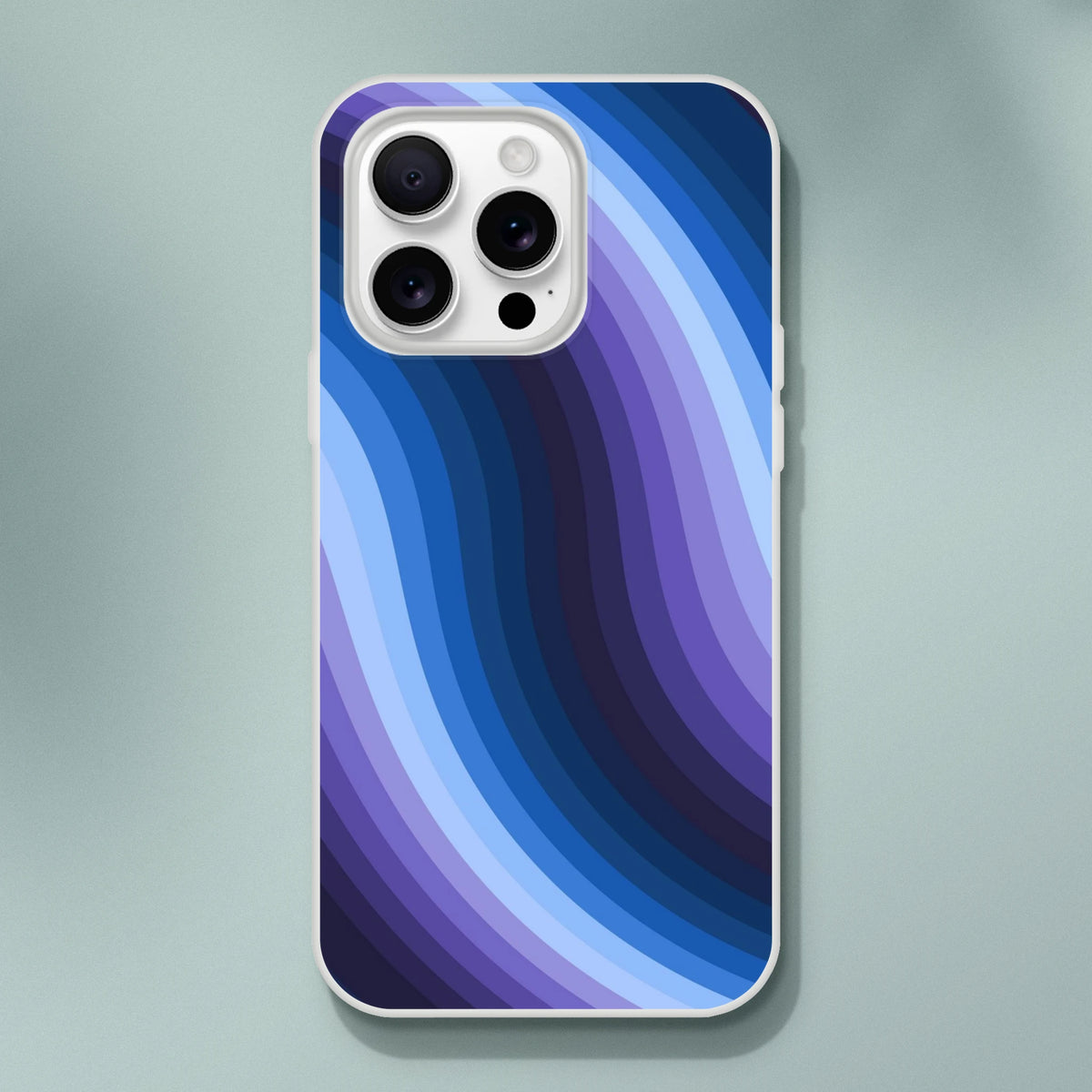 Blue Retro Wave iPhone Case (13-16) with abstract Y2K swirl, matte finish and slim protection.