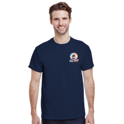 Man wearing navy t-shirt with colorful Urban Palm Trees Full Send graphic. Streetwear tee featuring retro palm tree logo design.