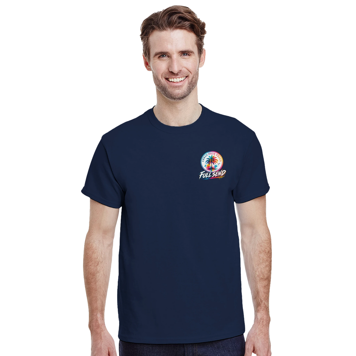 Man wearing navy t-shirt with colorful Urban Palm Trees Full Send graphic. Streetwear tee featuring retro palm tree logo design.