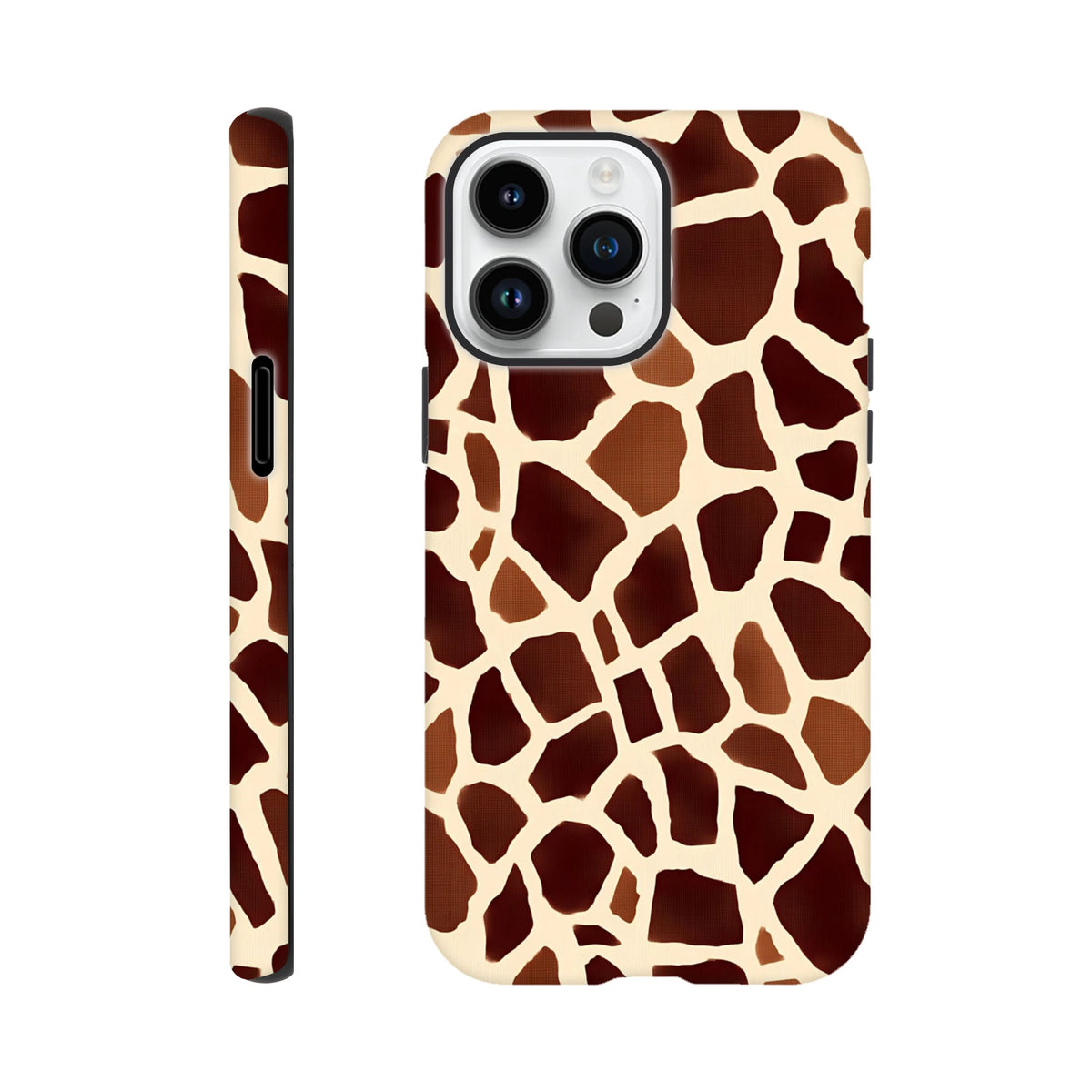 Tough iPhone case featuring a bold giraffe print safari animal pattern that wraps cleanly around the edges for wild streetwear style.