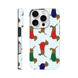 Cute tough iPhone case featuring a playful pattern of walking dachshunds in red, green, and blue sweaters on a light blue striped background.