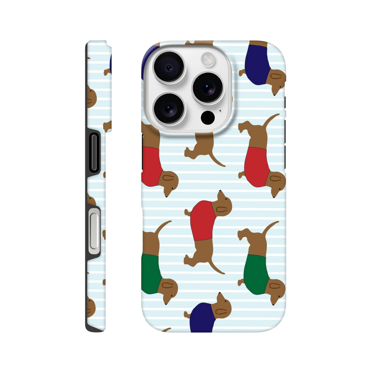Cute tough iPhone case featuring a playful pattern of walking dachshunds in red, green, and blue sweaters on a light blue striped background.