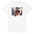 Pop art lips graphic tee with red lips and cherries on a white cotton shirt
