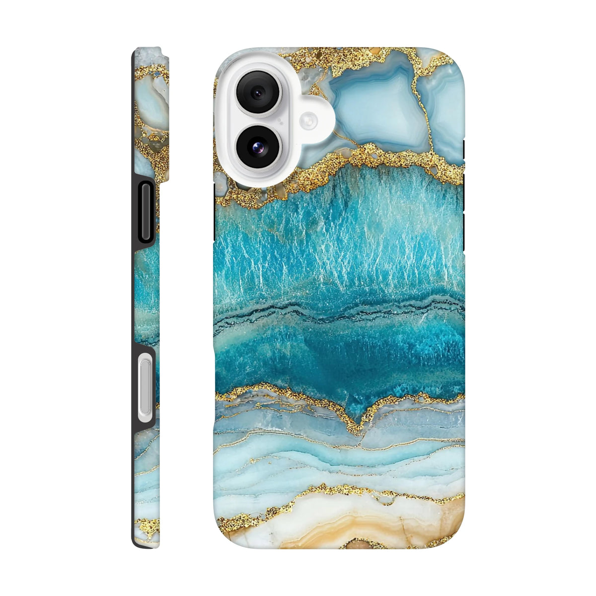 Blue Agate tough iPhone case featuring a teal and gold marble design with gold flecks for models 13-16.