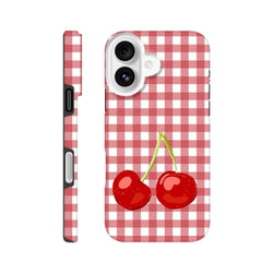 Red and white gingham iPhone case featuring two glossy red cherries with green stems, designed as a tough protective cover.