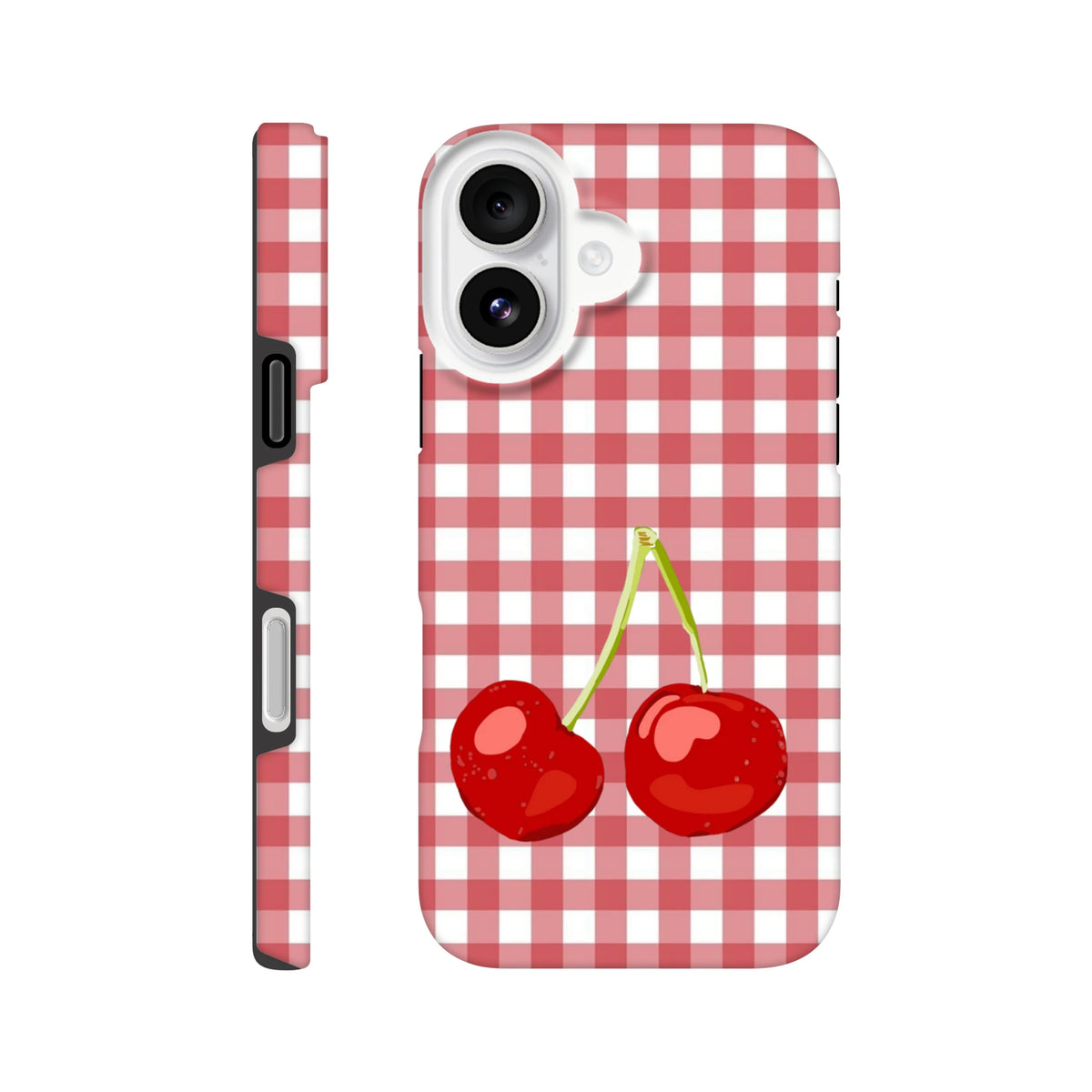 Red and white gingham iPhone case featuring two glossy red cherries with green stems, designed as a tough protective cover.