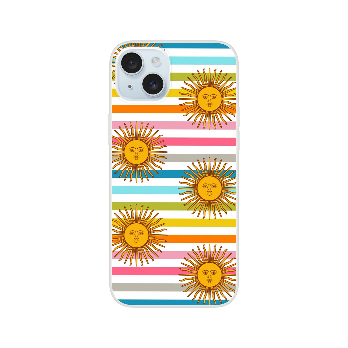 Retro rainbow sun iPhone case (iPhone 13–16) with matte finish and boho striped design.