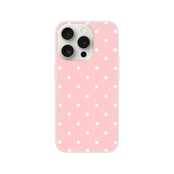 Retro pastel pink iPhone case with white polka dots. Lightweight TPU protective cover for iPhone 13-16.