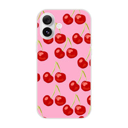 Pink cherry-print iPhone case for 13-16, slim matte shell.