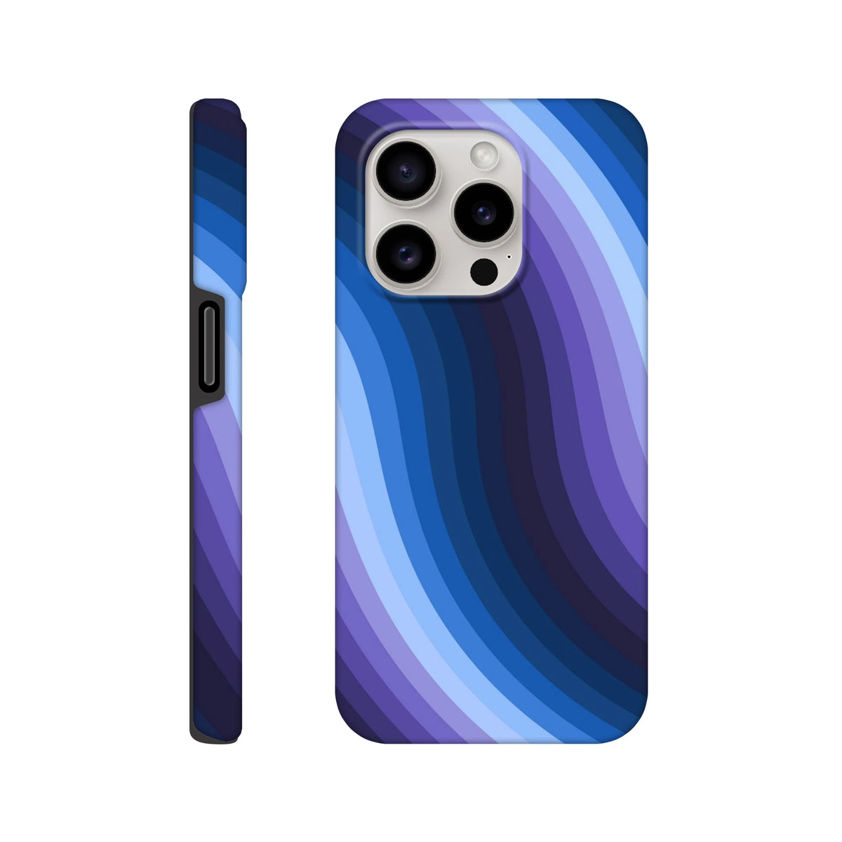 Blue retro wave iPhone case featuring Y2K wavy stripes and gradient hues. A tough phone cover with reinforced guard rails for impact protection and wireless charging.