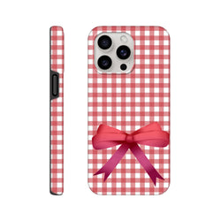 Red gingham iPhone case featuring a large pink bow print. Cute coquette tough cover for iPhone 13-16.