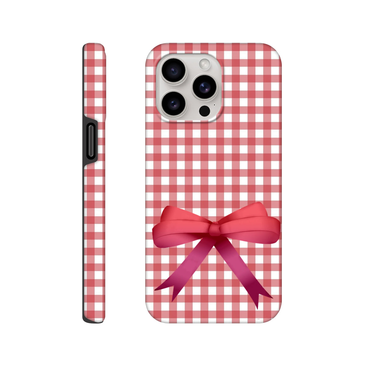 Red gingham iPhone case featuring a large pink bow print. Cute coquette tough cover for iPhone 13-16.