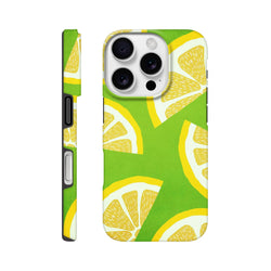 Green iPhone case featuring bold yellow lemon slice patterns. Shock-absorbing citrus fruit phone cover for urban commutes and curb protection.