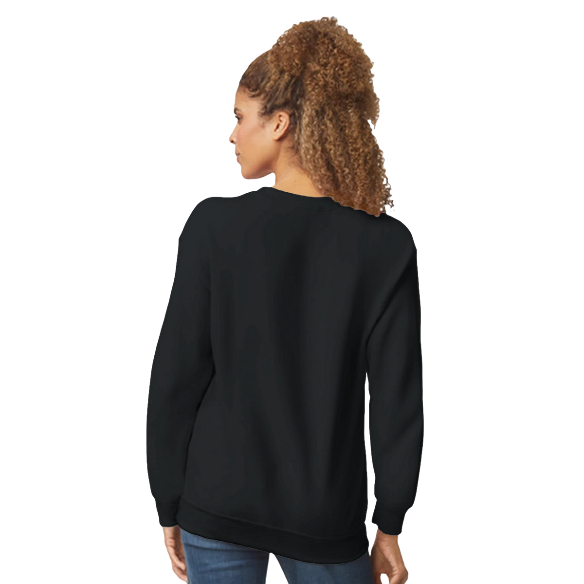 Back view of a woman wearing a black Cute Wild Heart sweatshirt, a cozy slogan top for women.