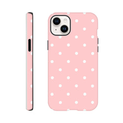 Pastel pink and white polka dot tough iPhone case featuring shock-absorbing TPU and dual-layer frame protection for drops.
