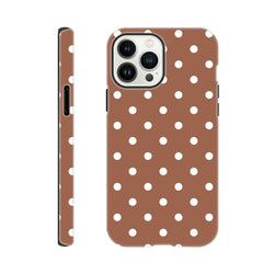 Retro brown and white polka dot tough iPhone case with shock-absorbing TPU protection for iPhone 13-16 Pro Max.
