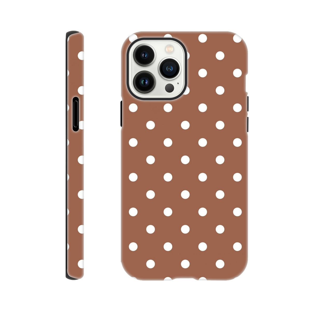 Retro brown and white polka dot tough iPhone case with shock-absorbing TPU protection for iPhone 13-16 Pro Max.