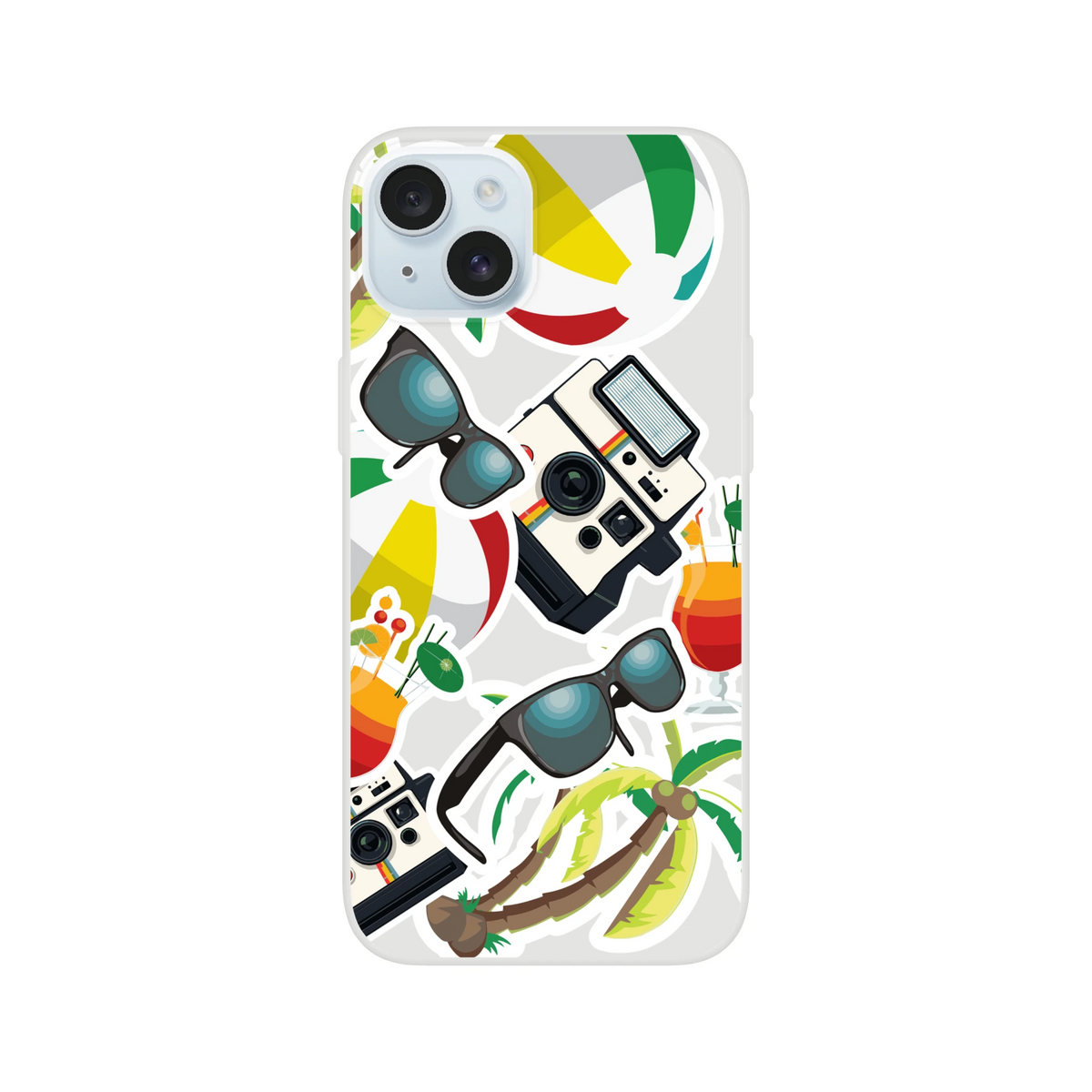 Transparent iPhone case with tropical sticker art including palm trees, vintage cameras, sunglasses, and beach balls.